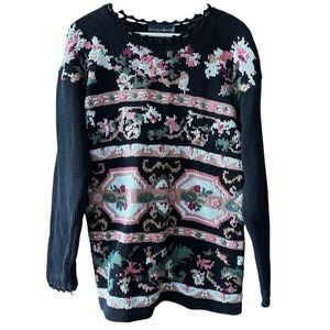Daniel Hechter 100% Cotton Cottagecore Sweater Dark Florals Knit Grandma Chic